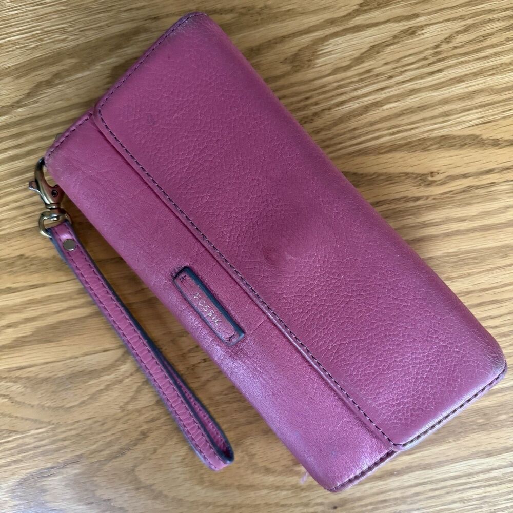 FOSSIL VTG Leather Wristlet Zip Around Clutch Wallet Pink Removable Strap